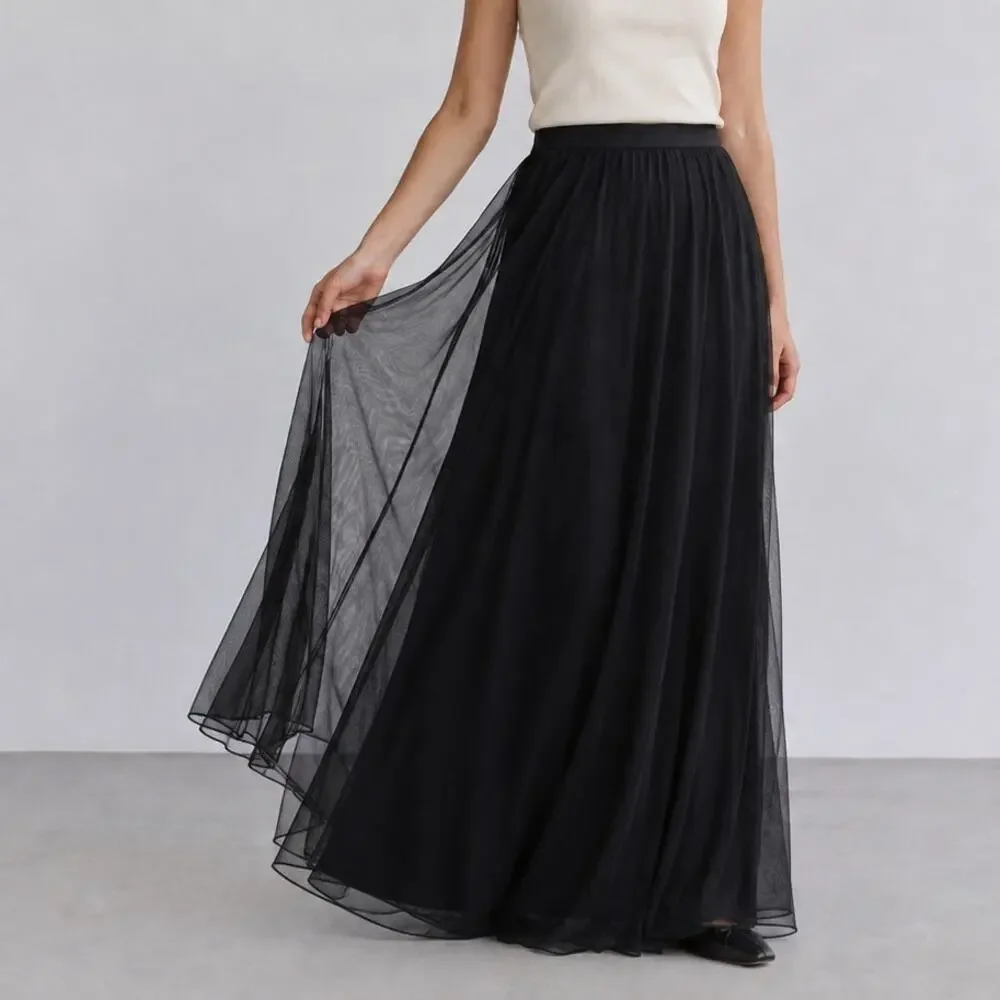 Tadashi Shoji Mesh Tulle Formal Maxi Skirt Vintage 1990s Womens 10 Black